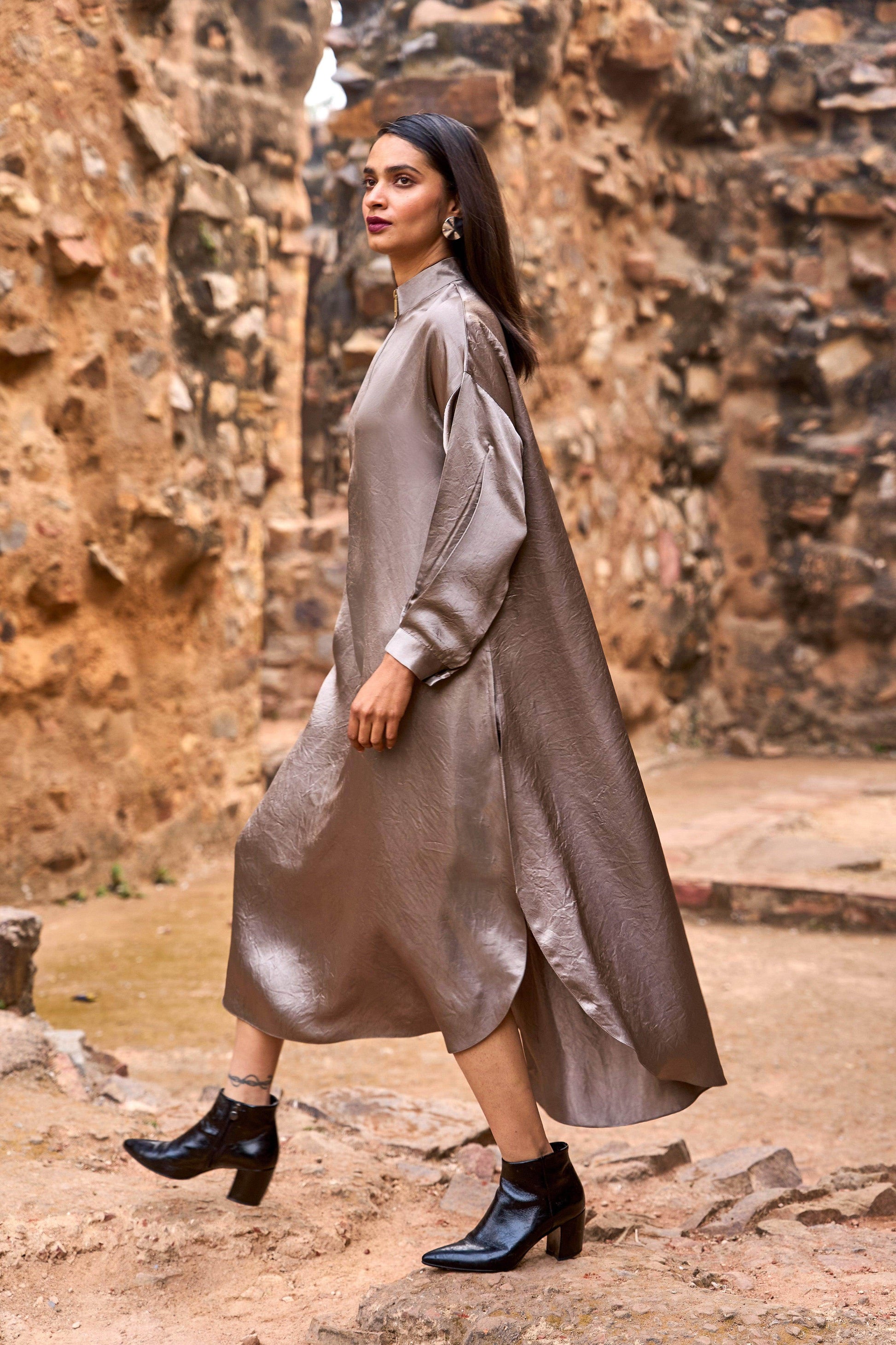 ZIP NECK SATIN MIDI - dash and dot