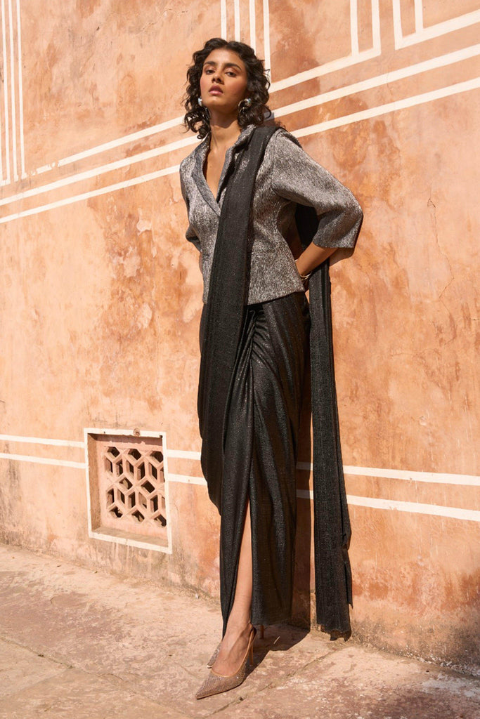 PLEATED METALLIC BLAZER TOP AND BLACK SARI DRAPE SKIRT - dash and dot dash and dot