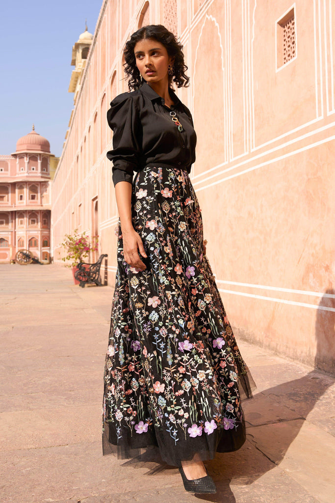 3D FLORAL MAXI SKIRT AND CHAIN NECK SHIRT - dash and dot dash and dot