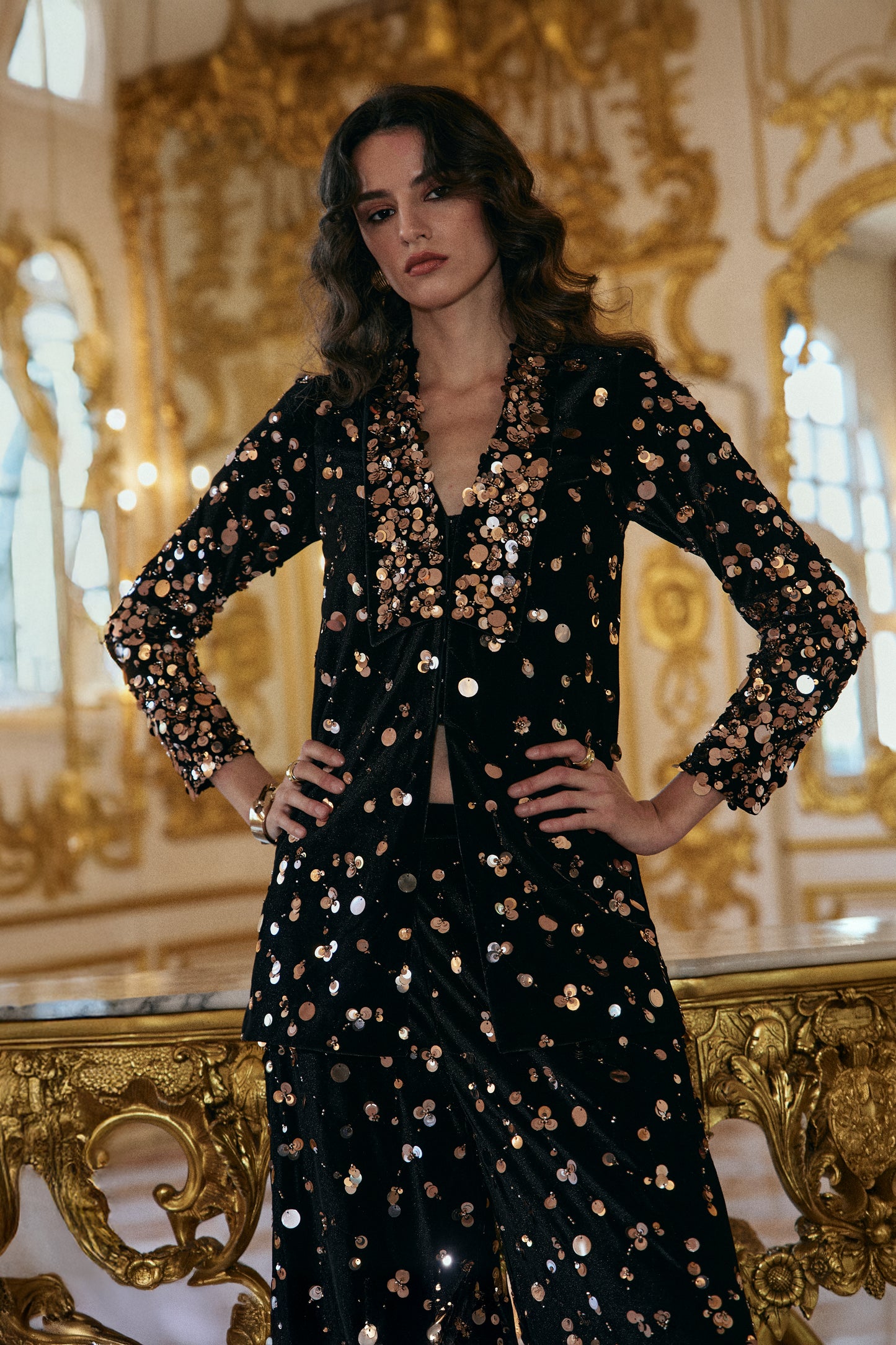 PAILLETTE EMBROIDERED VELVET BLAZER