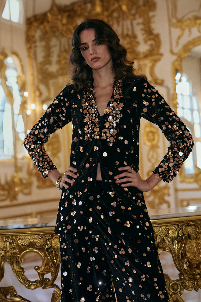 PAILLETTE EMBROIDERED VELVET BLAZER dash and dot