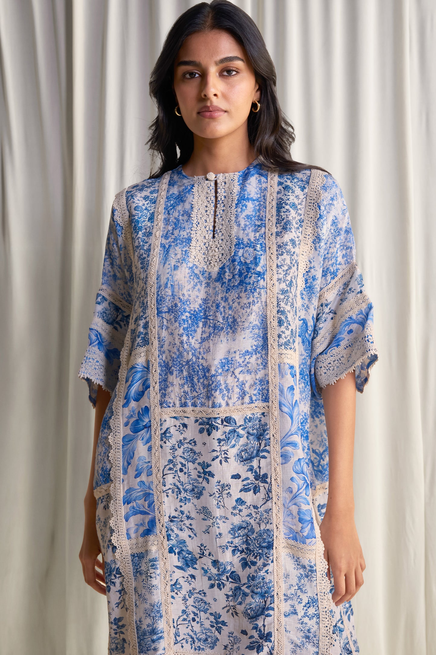 SILK-LINEN PORCELAIN PRINT PATCHWORK DRESS