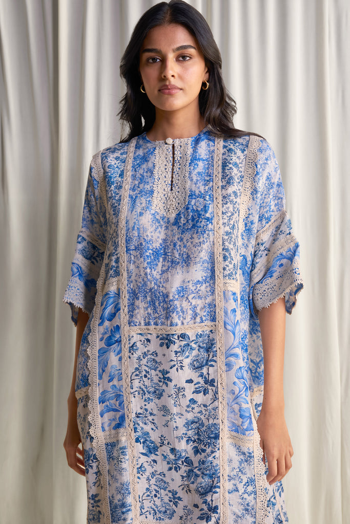 SILK-LINEN PORCELAIN PRINT PATCHWORK DRESS dash and dot