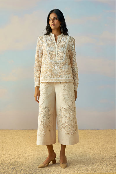 RIBBON & CORD EMBROIDERED TOP & CUTWORK EMBROIDERED LINEN PANT