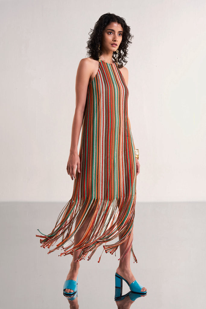 HALTER NECK FRINGE KNIT DRESS dash and dot