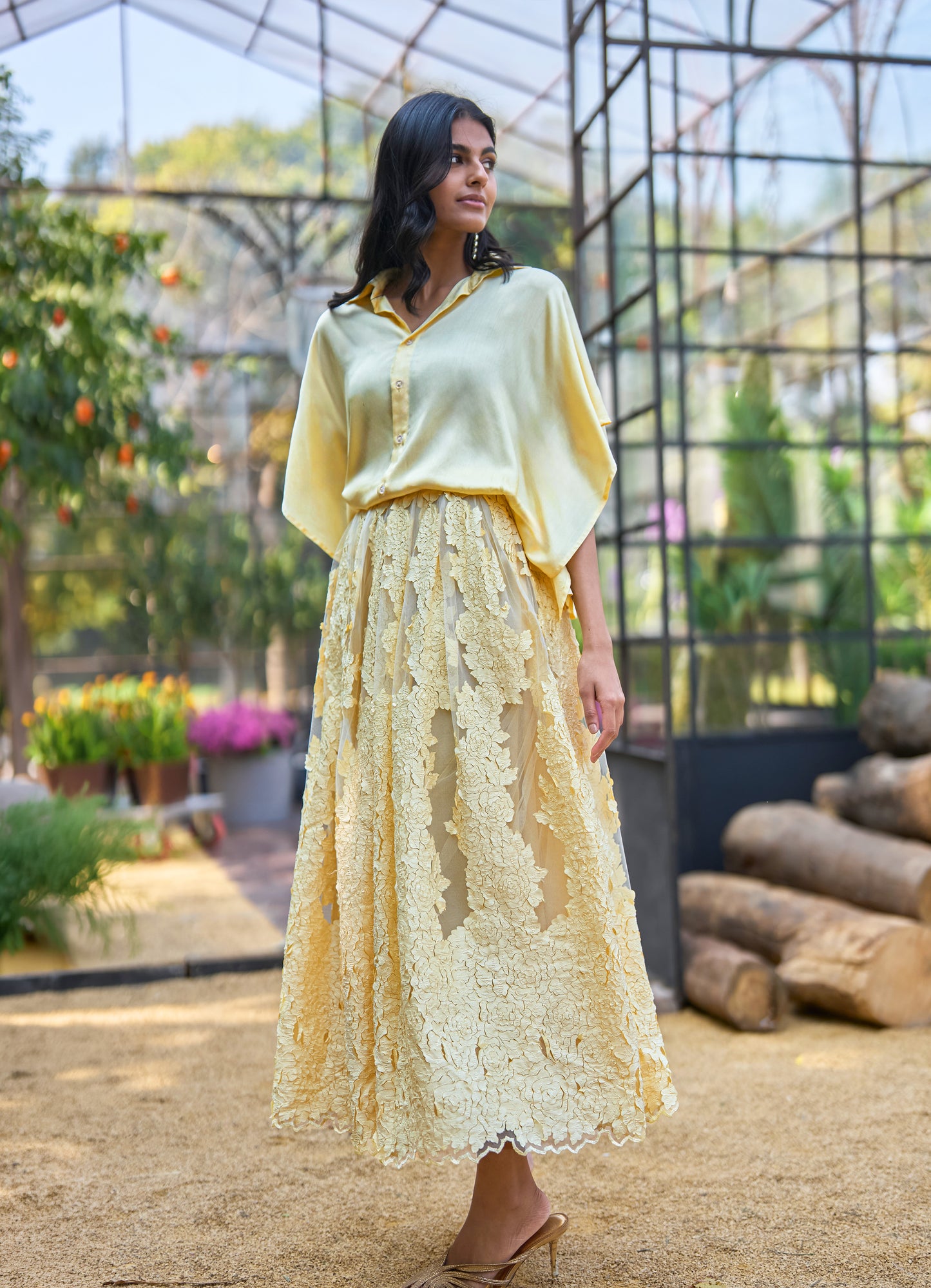 CUTWORK LACE APPLIQUÉ FLARED SKIRT