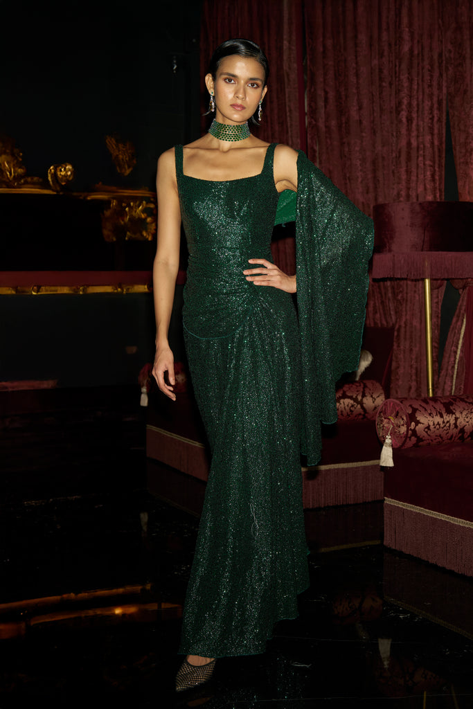 EMERALD SEQUIN SARI DRAPE GOWN dash and dot