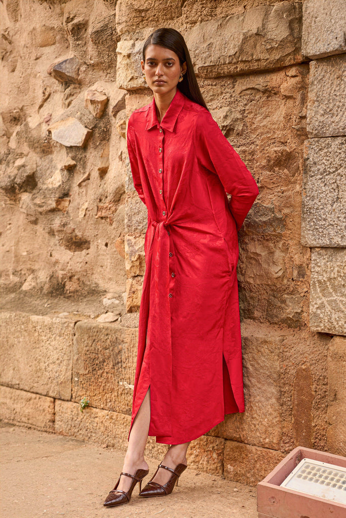 RED JACQUARD SHIRT DRESS - dash and dot dash and dot