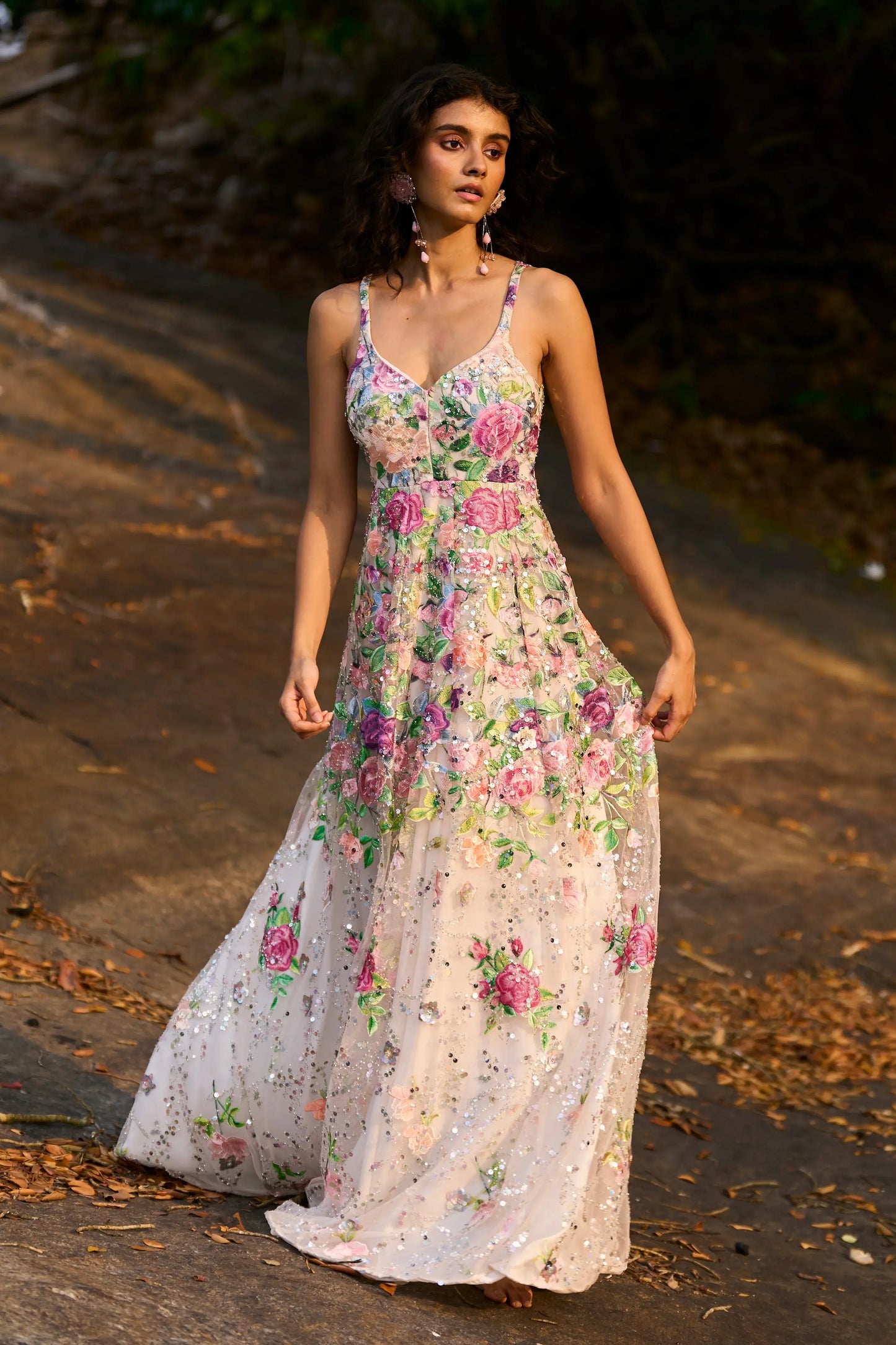 FLORAL SEQUIN MESH GOWN