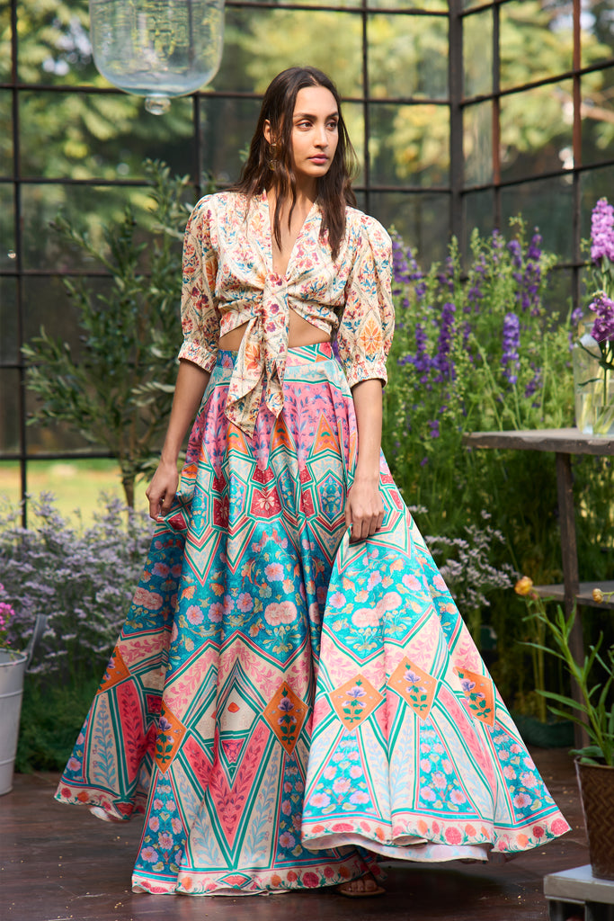 FLORAL PRINT FRONT-TIE TOP & MOSAIC PRINT SKIRT dash and dot