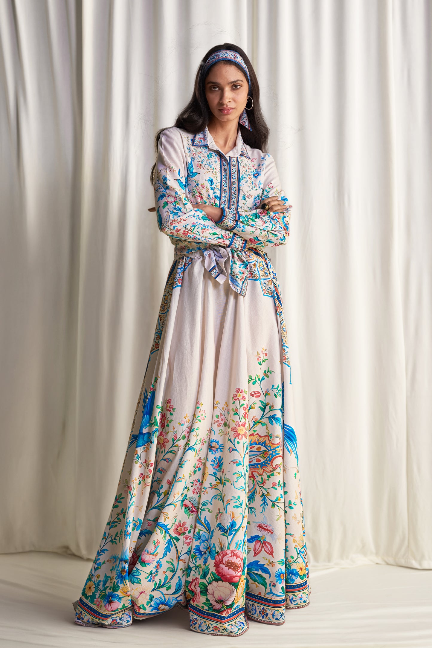 LINEN BOTANICAL PRINT SHIRT & MAXI SKIRT WITH TWILLY SCARF