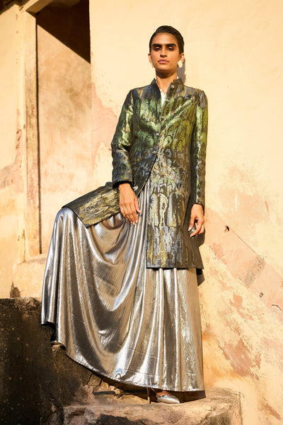 BROCADE JACKET AND FIT & FLARE SILVER SKIRT - dash and dot
