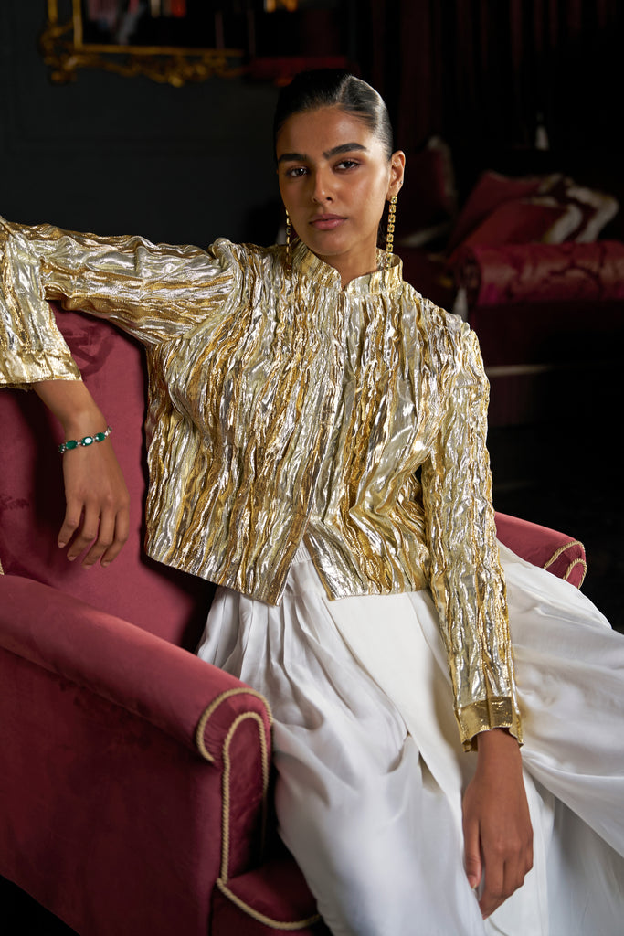 CRUSHED GOTA WEAVE BOLERO & IVORY COWL PANT dash and dot