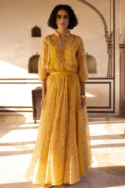 PRINTED ORGANZA PLEATED SHIRT & MAXI SKIRT SET