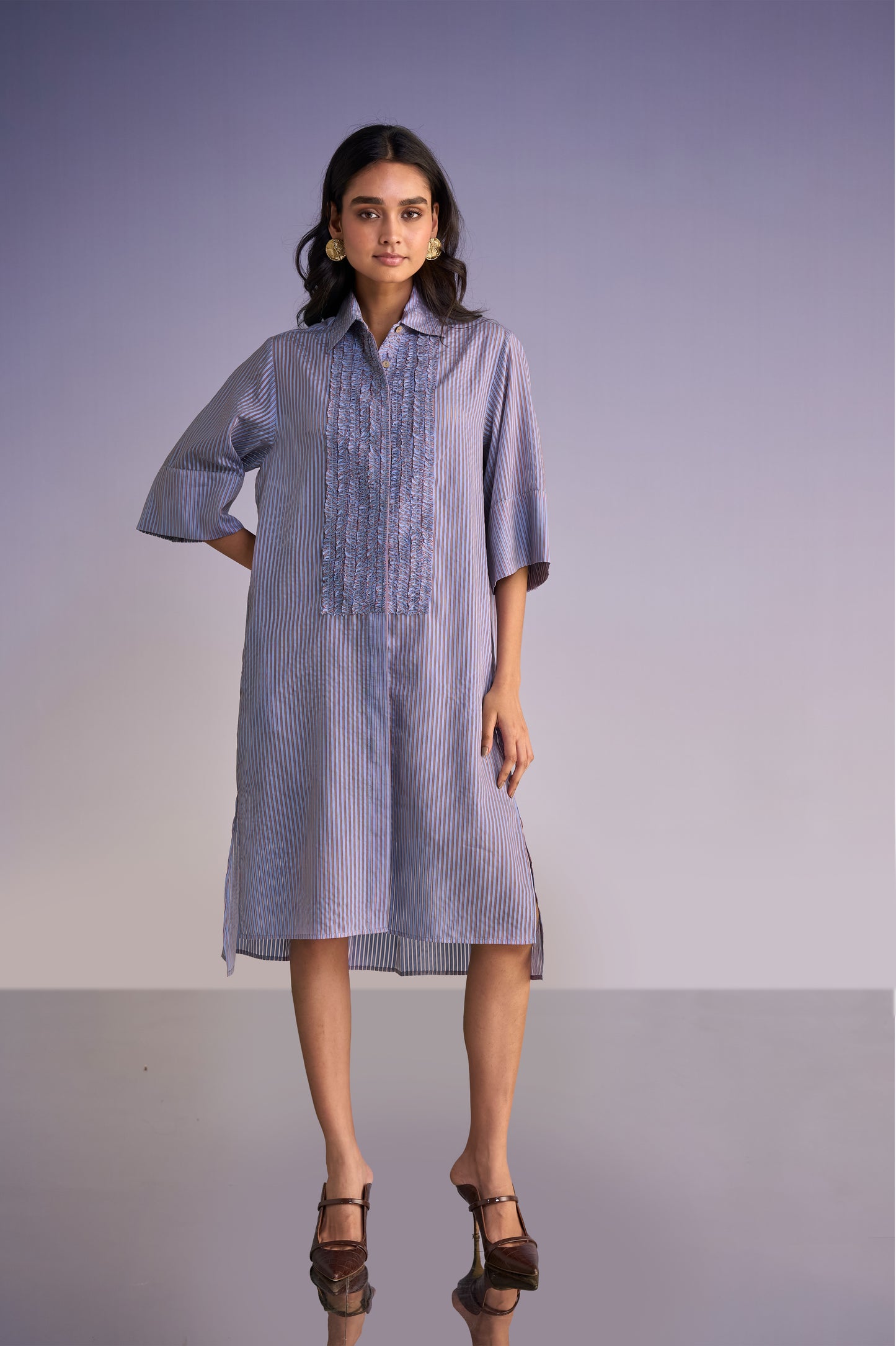 RUFFLED BIB ORGANZA STRIPE SHIRT DRESS
