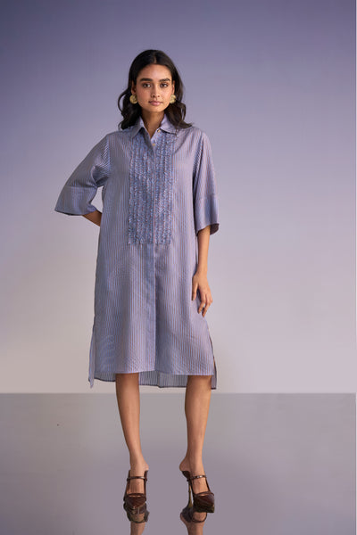RUFFLED BIB ORGANZA STRIPE SHIRT DRESS
