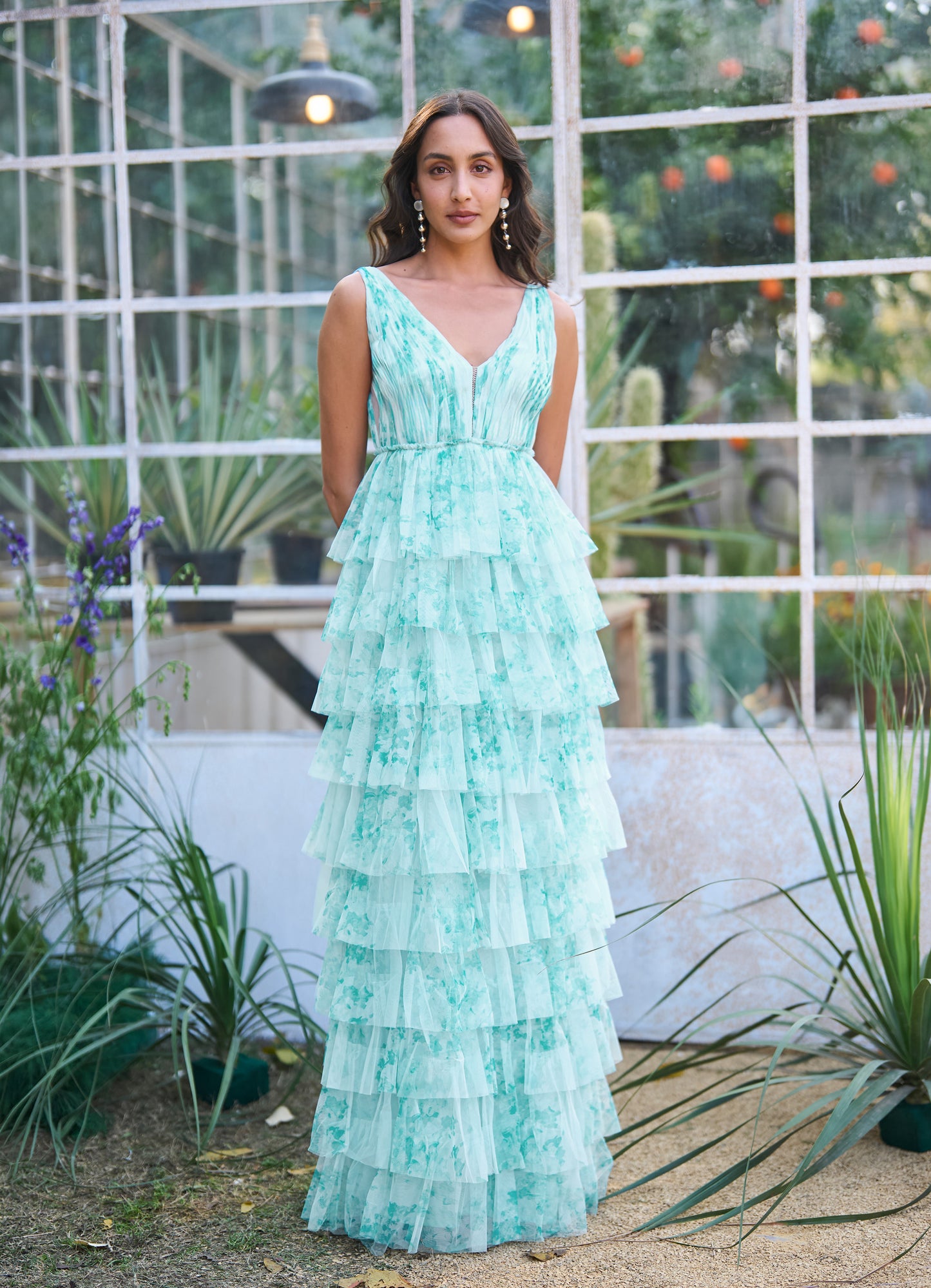 CASCADING PRINTED GOWN