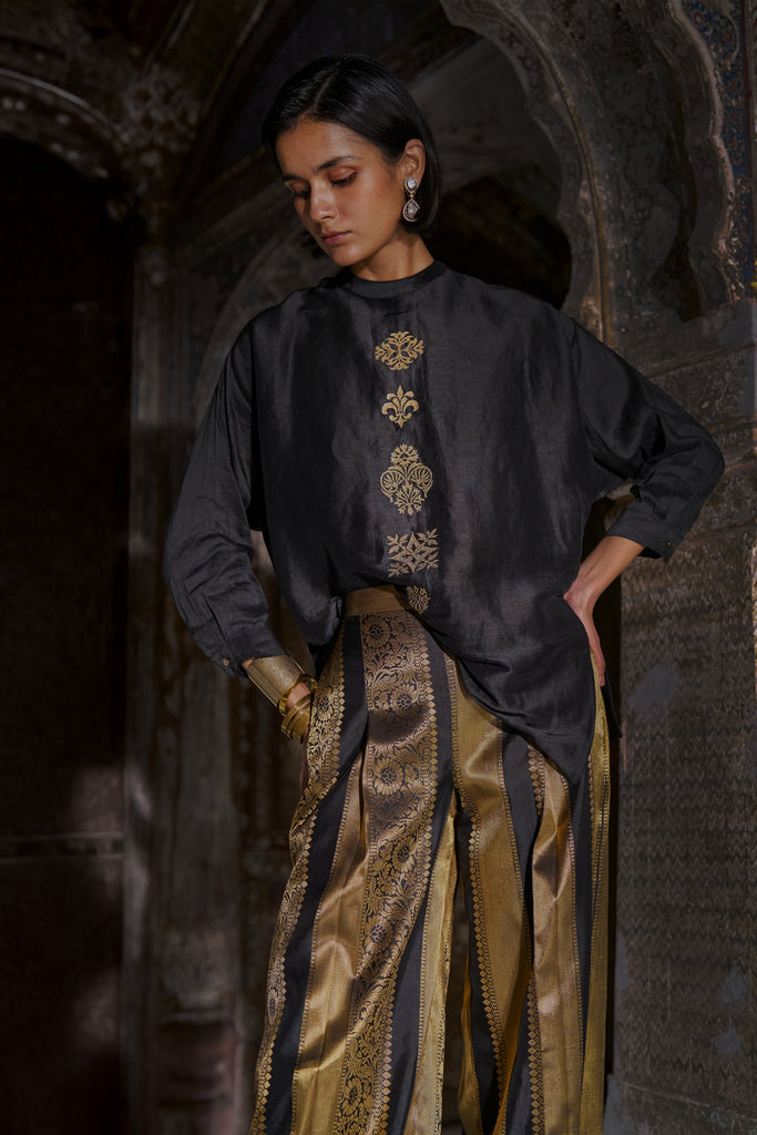 EMBROIDERED MOTIF BOXY SHIRT & BENARES BROCADE STRIPED PANT dash and dot