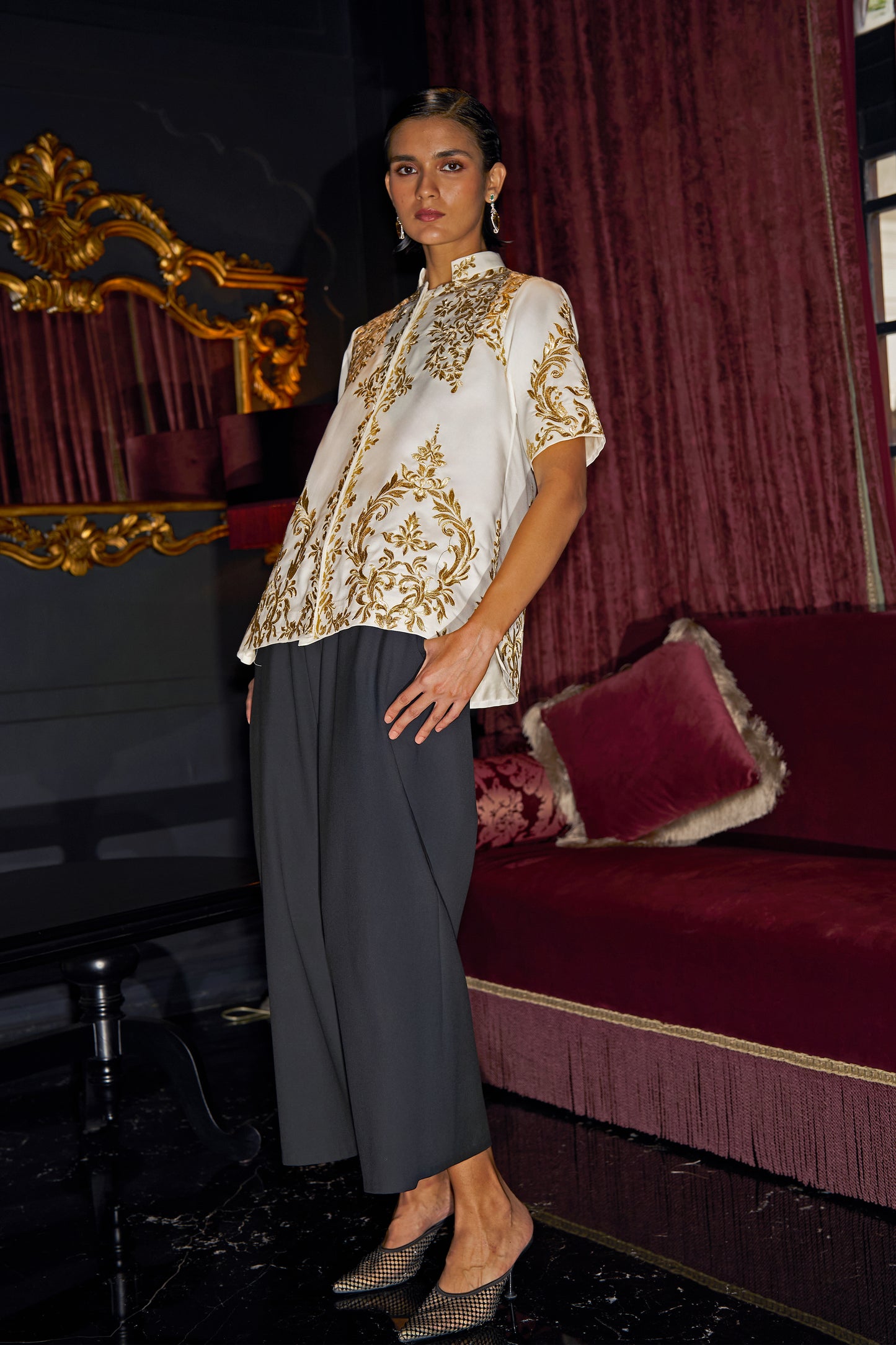 METALLIC EMBROIDERED SHIRT AND BLACK CULOTTE