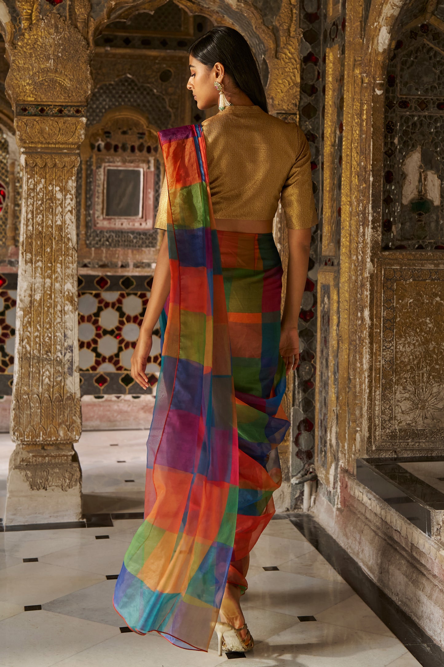 CHECK ORGANZA SARI DRAPE SKIRT