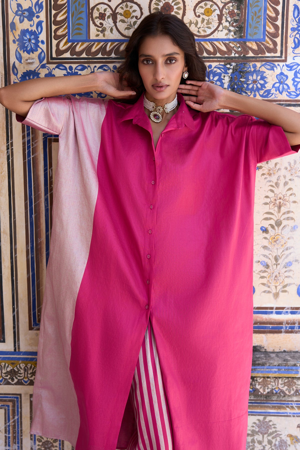 BENARES TISSUE COLOUR BLOCKED LONGLINE TOP