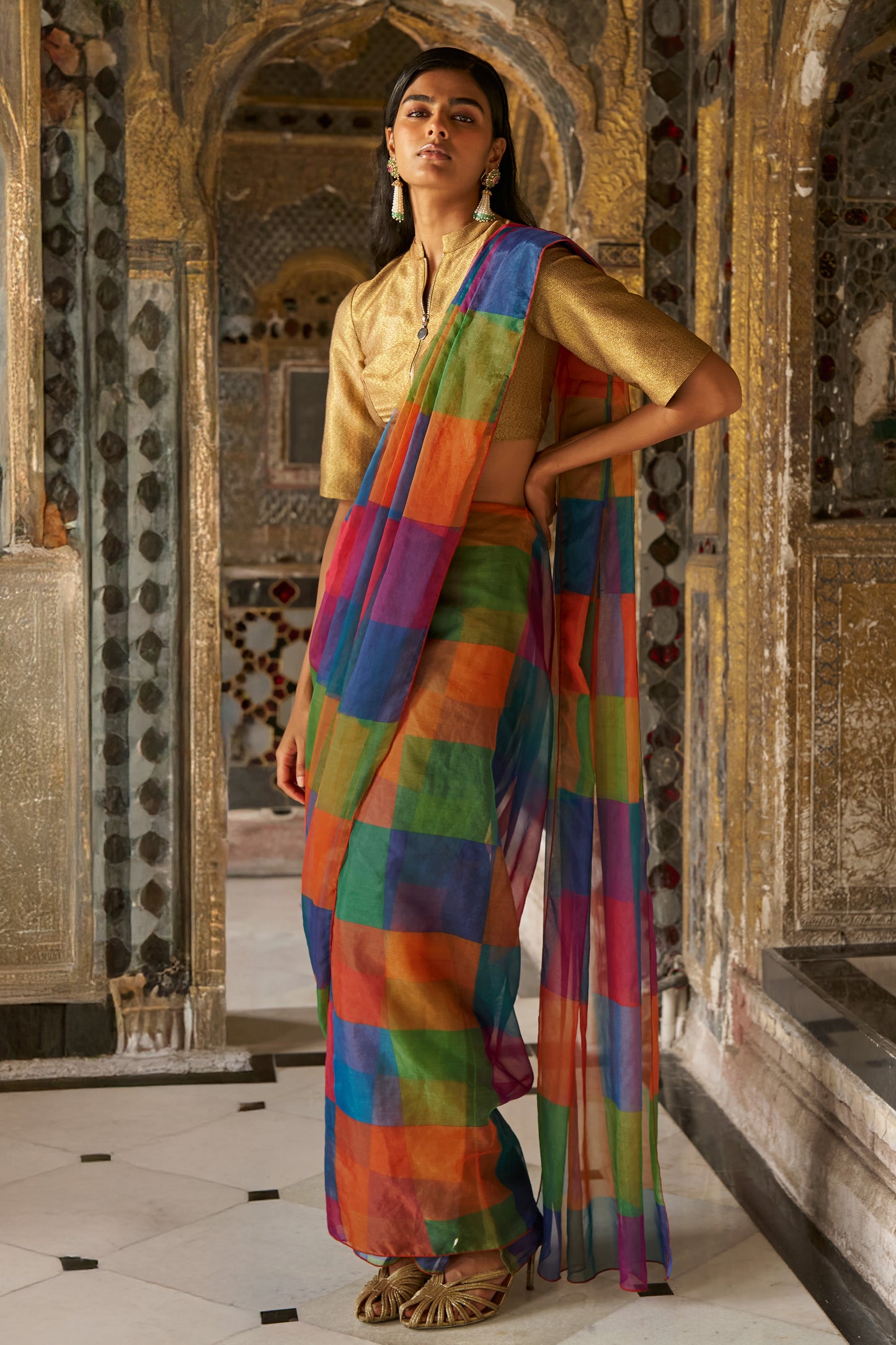 CHECK ORGANZA SARI DRAPE SKIRT