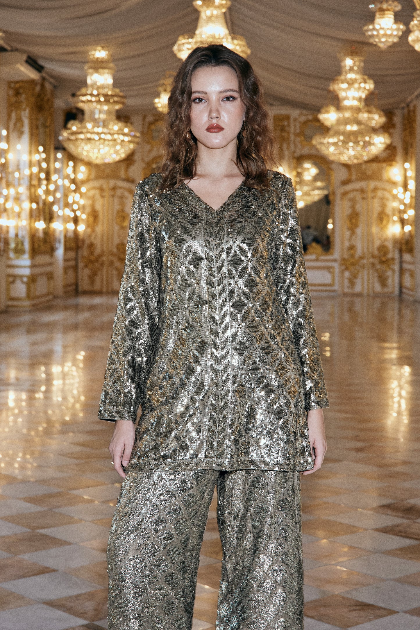 PEWTER SEQUIN EMBROIDERED TOP