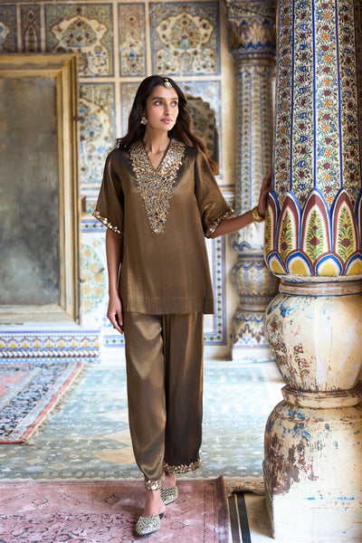 BENARES TISSUE MIRRORWORK TOP & PANT SET