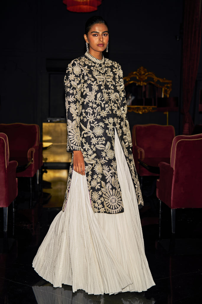 GOTA EMBROIDERED LONGLINE JACKET AND CRUSHED SKIRT dash and dot