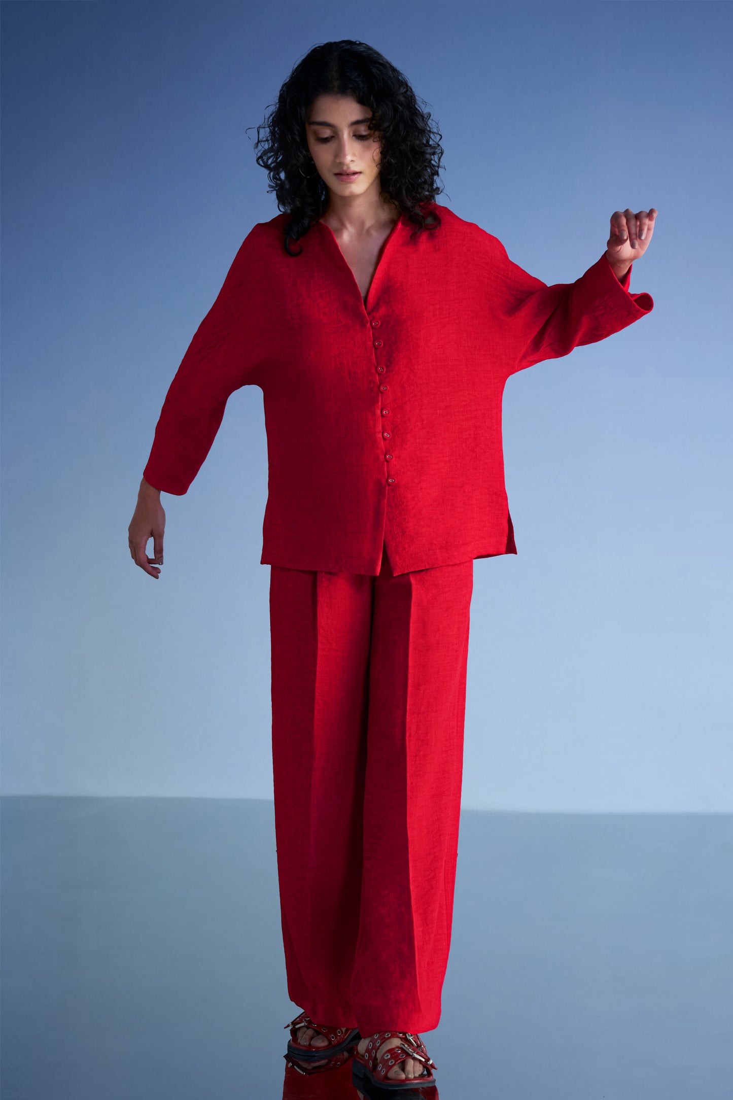 BUTTONED CUFF LINEN-TEXTURED SHIRT & WIDE-LEGGED PANT SET