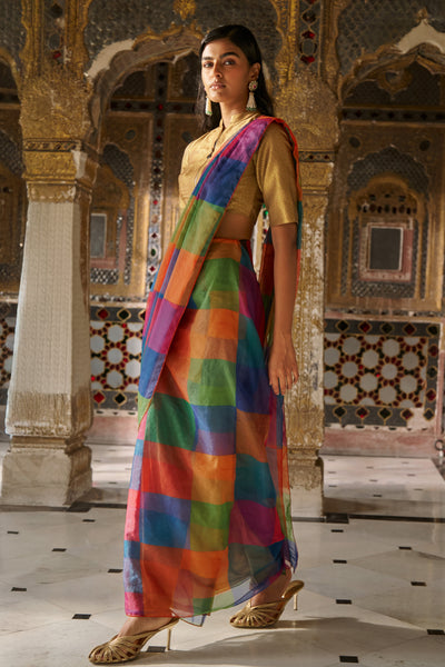 CHECK ORGANZA SARI DRAPE SKIRT