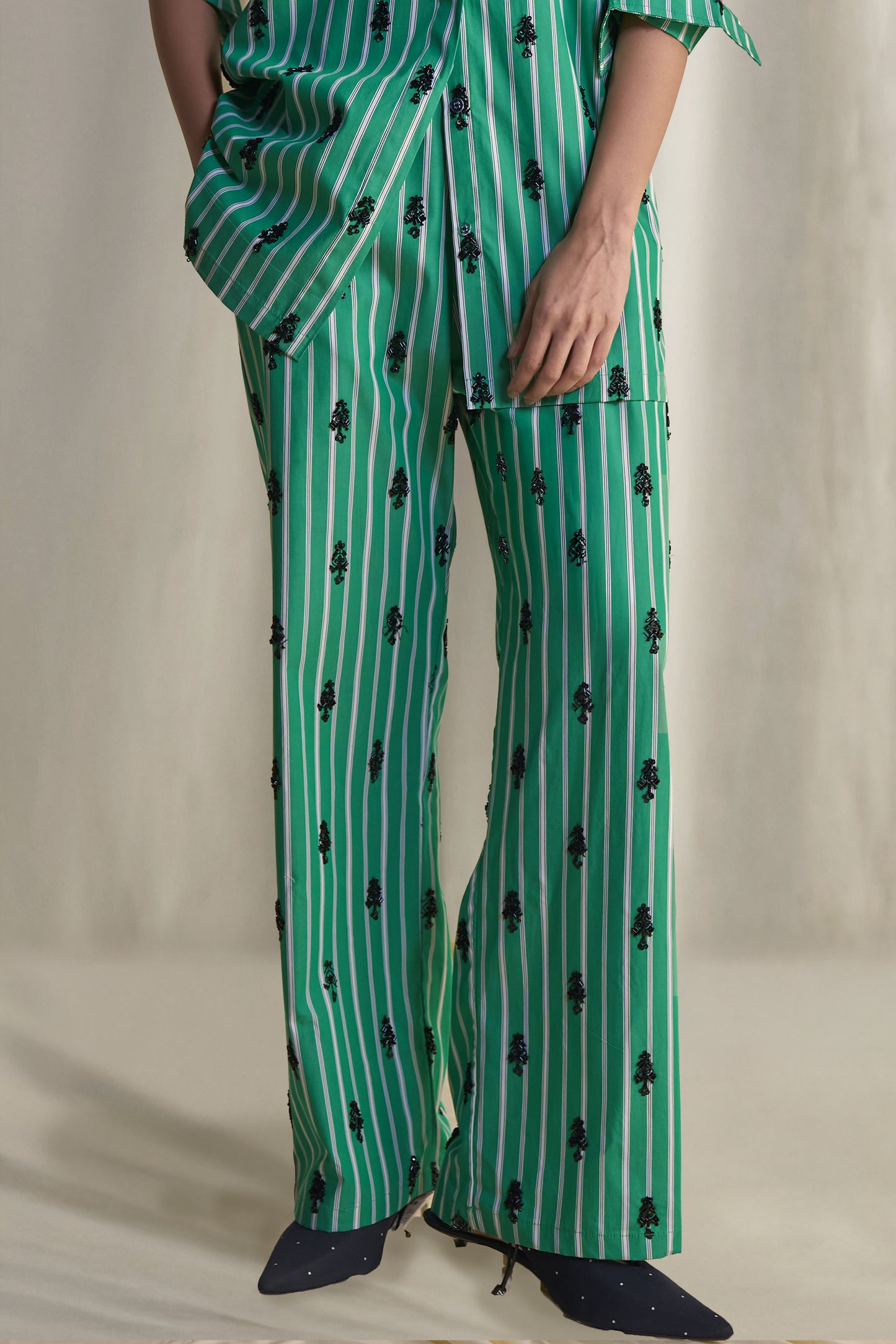 MOTIF BEAD EMBROIDERED STRIPE PANT