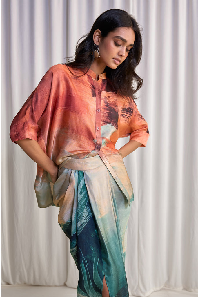 ABSTRACT BRUSHSTROKE PRINT BOXY SHIRT & DRAPED SKIRT dash and dot