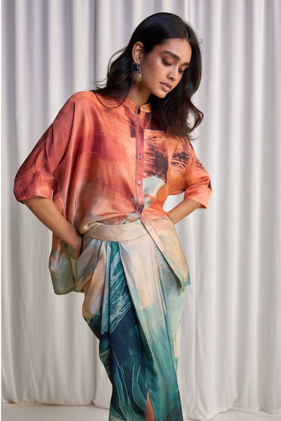 ABSTRACT BRUSHSTROKE PRINT BOXY SHIRT & DRAPED SKIRT