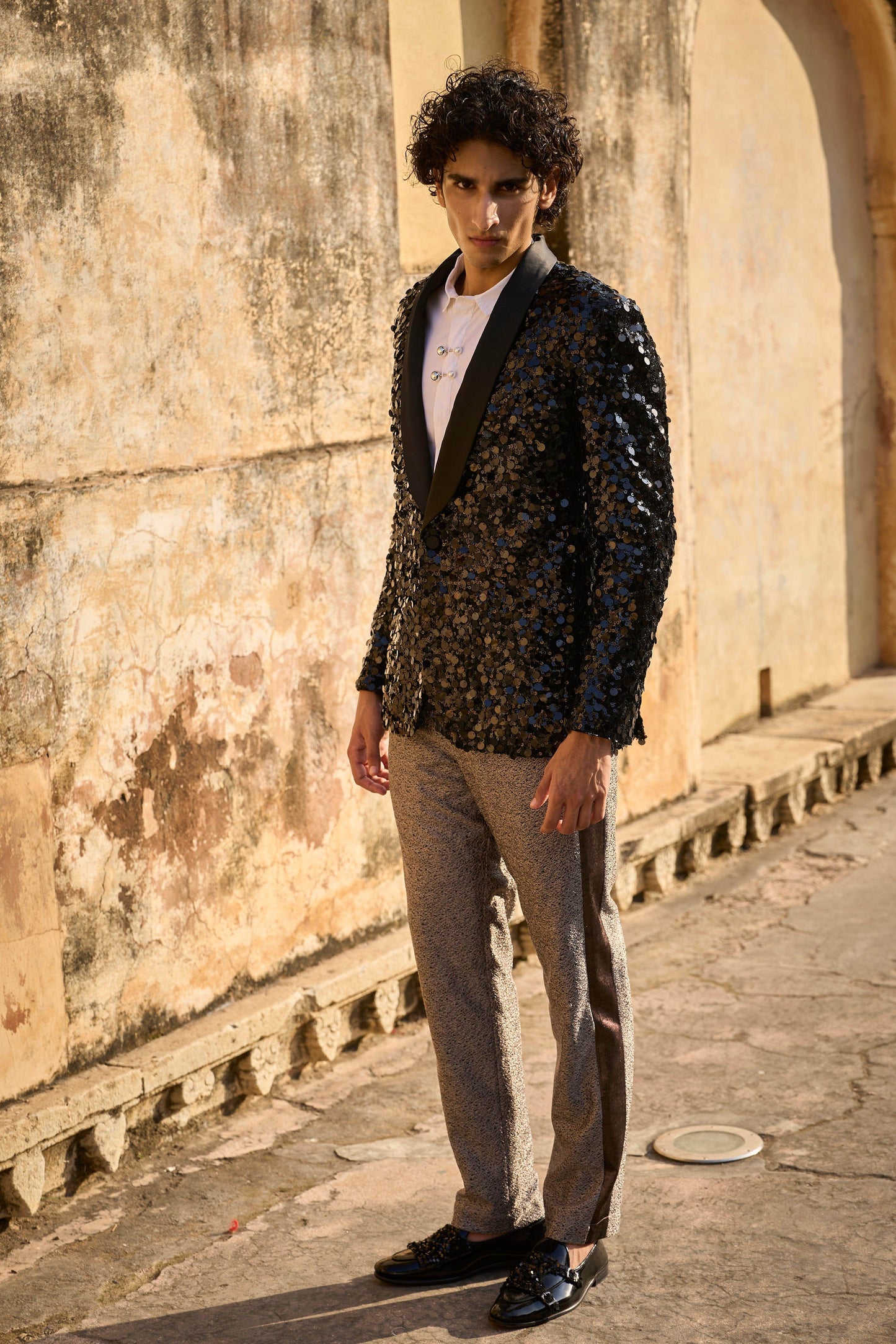 SEQUIN JACKET, METALLIC PANT AND BROOCH SHIRT - dash and dot