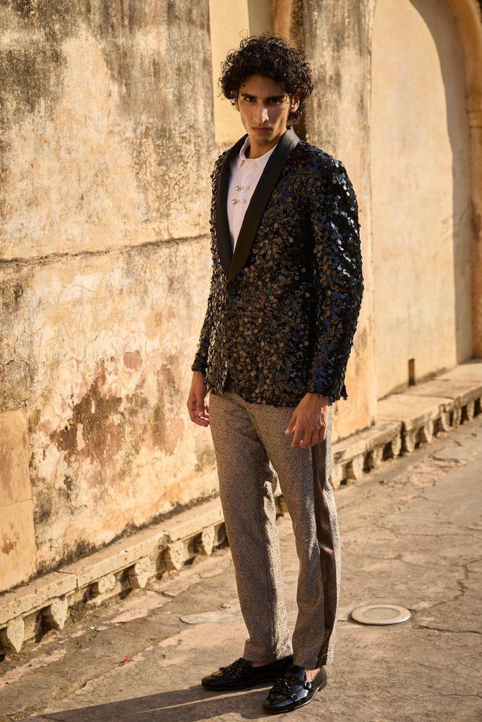 SEQUIN JACKET, METALLIC PANT AND BROOCH SHIRT - dash and dot dash and dot