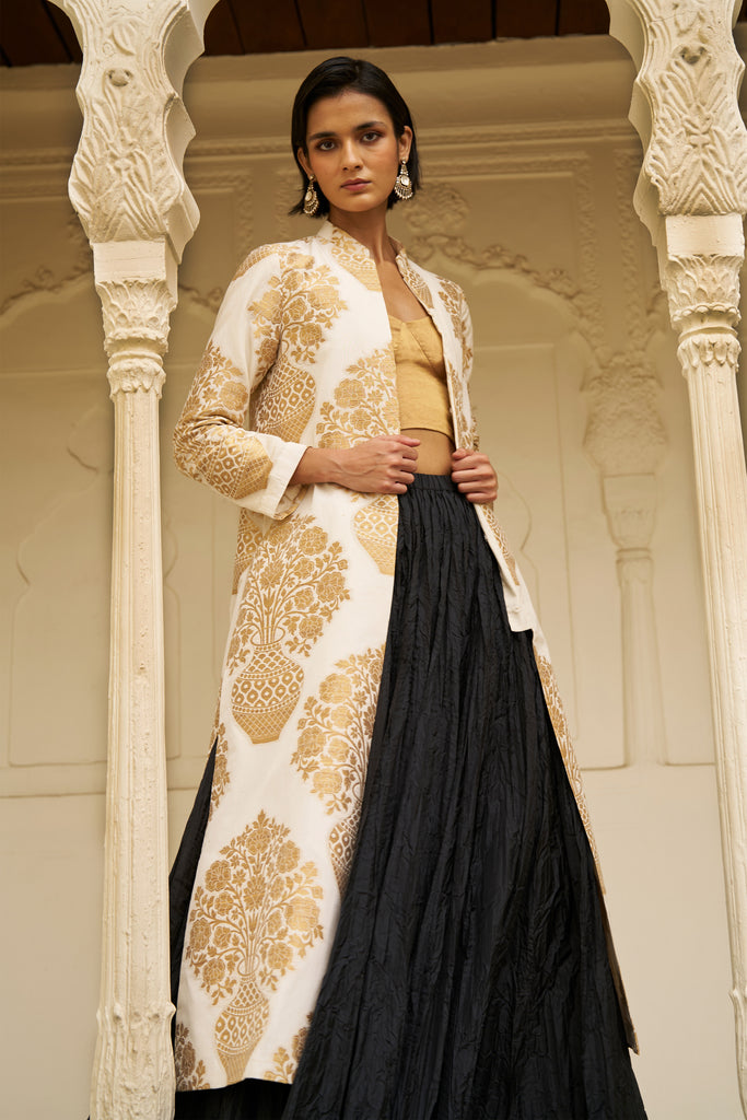 BENARES SILK BROCADE JACKET, TISSUE BRALETTE AND CRUSHED SKIRT dash and dot