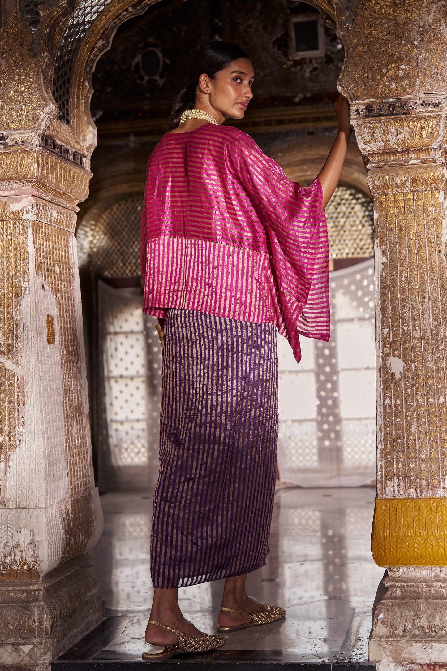 BENARES TISSUE STRIPE KAFTAN TOP & STRIPE DRAPE SKIRT SET