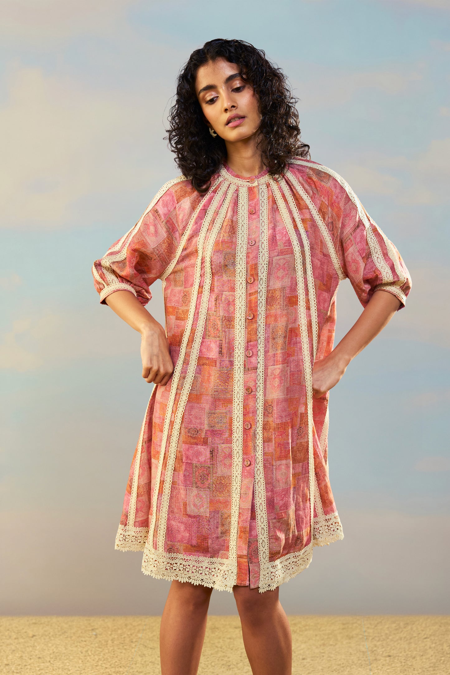 PRINTED LINEN-LACE DRESS