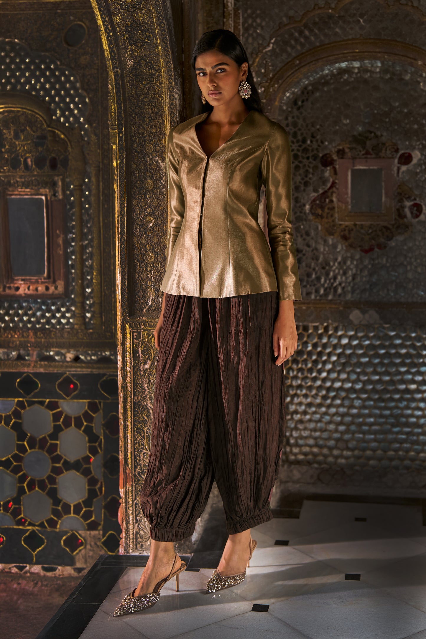 Caramel Brocade Peplum Top