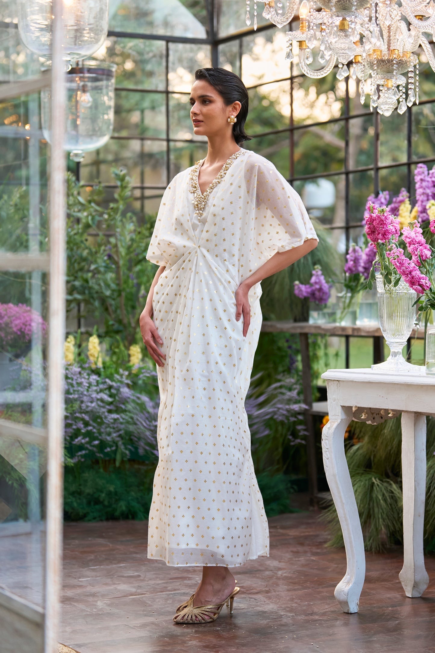 EMBROIDERED BENARES WEAVE KAFTAN DRESS