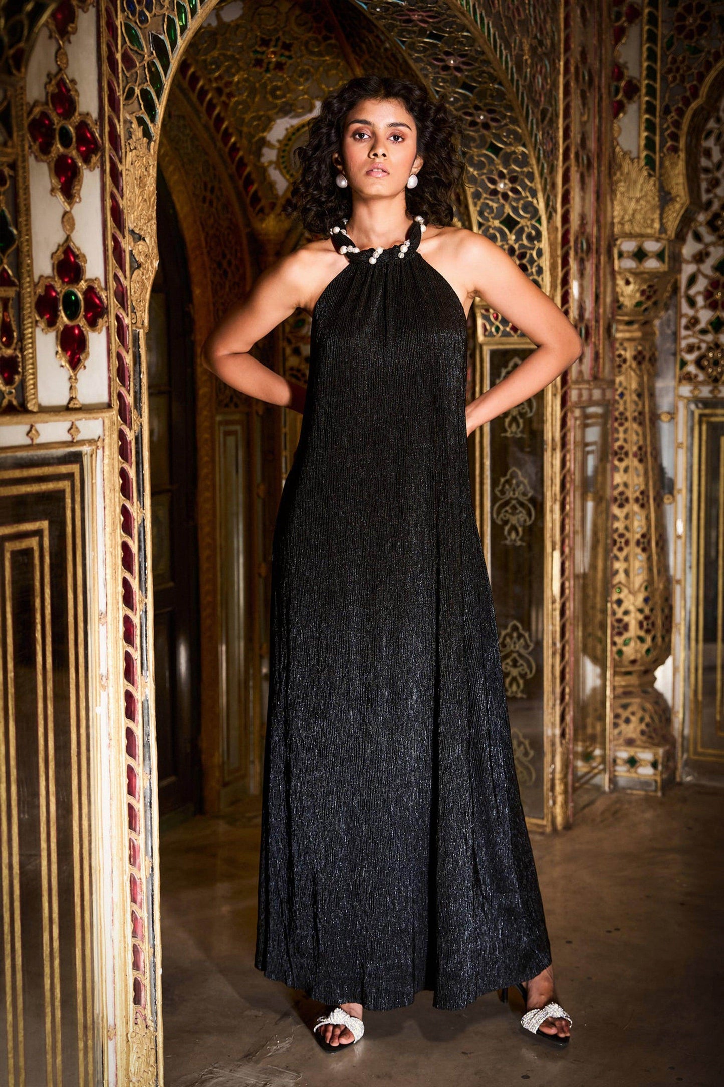 PLEATED PEARL NECK DRESS - dash and dot