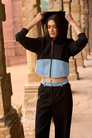 DENIM BLOCKED HOODIE - dash and dot