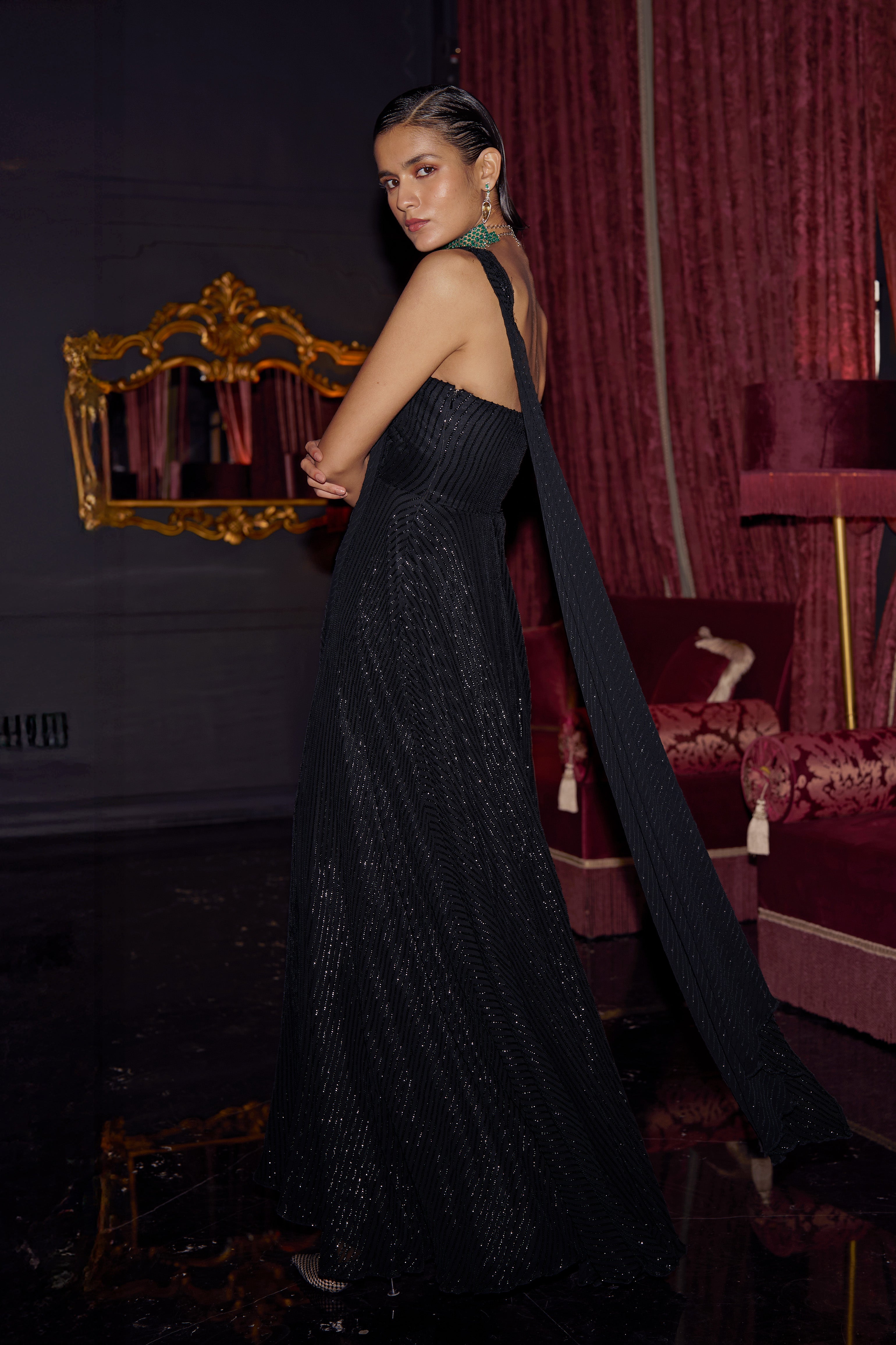 black sequin drape dress Black PLT Label Black Sequin Sleeveless Drape Detail Bodycon Dress