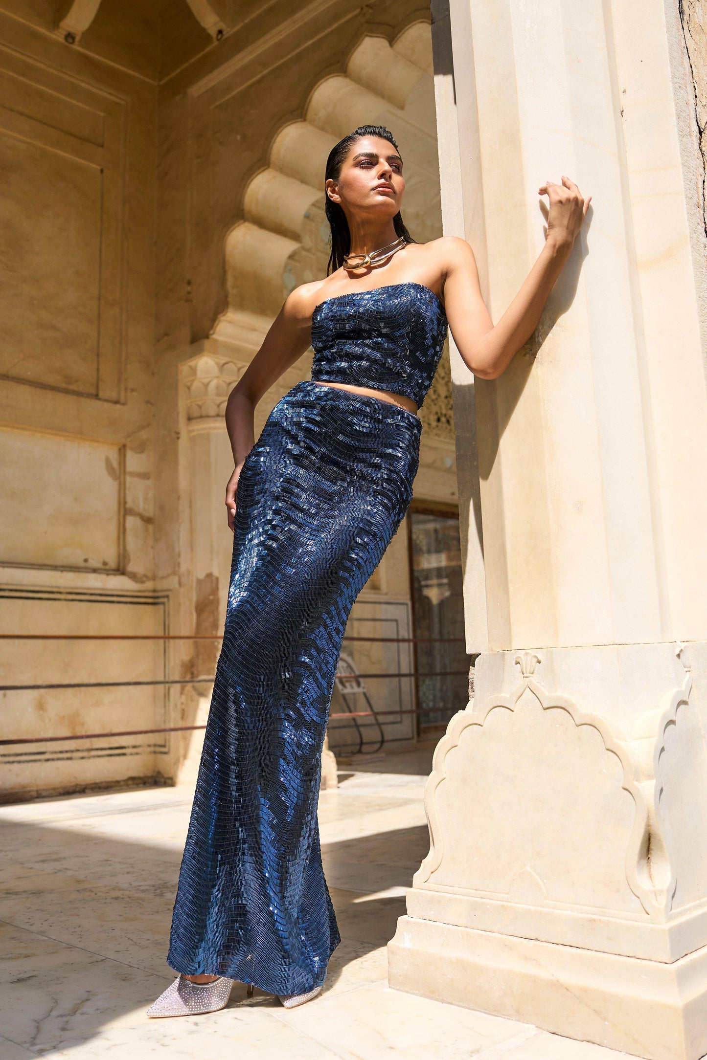 BLUE SEQUIN BANDEAU AND MAXI SKIRT - dash and dot