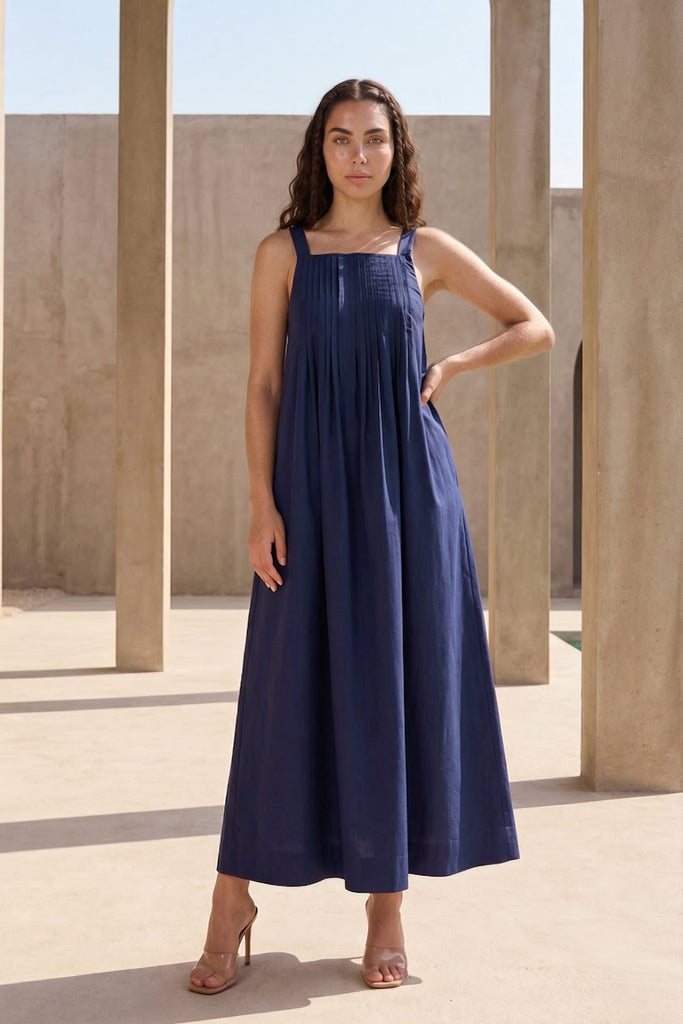 NAVY POPLIN MIDI dash and dot