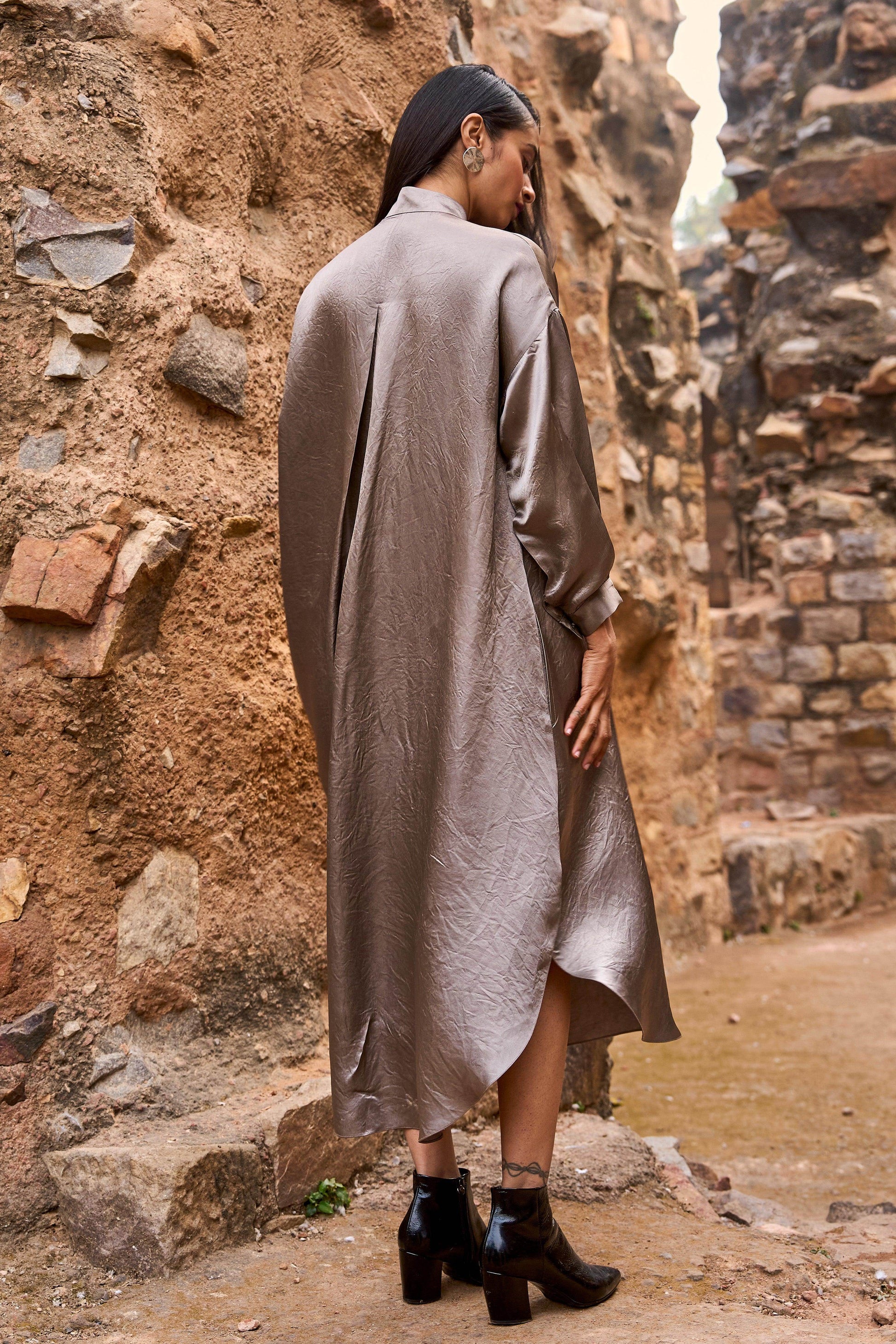 ZIP NECK SATIN MIDI - dash and dot