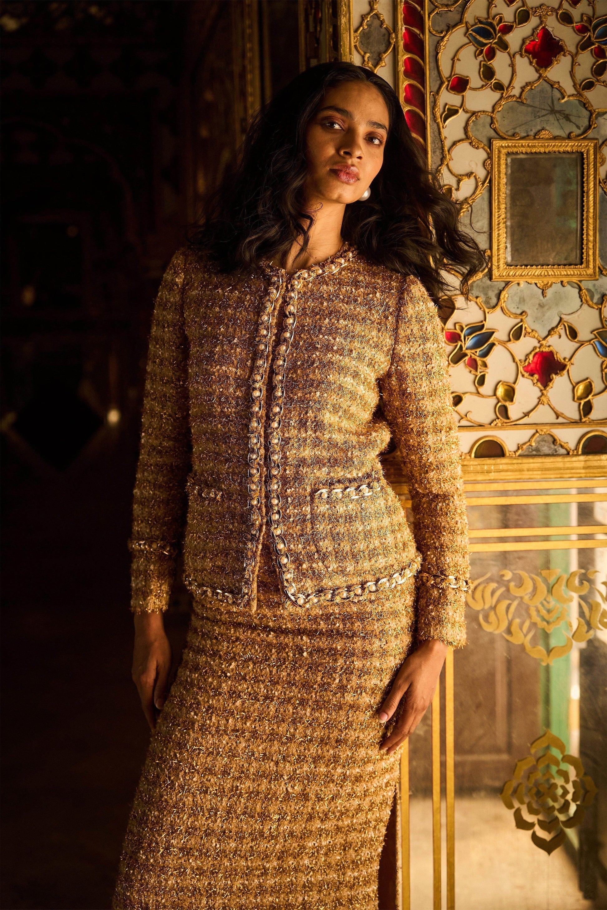 GOLD BOUCLÉ JACKET AND SKIRT - dash and dot