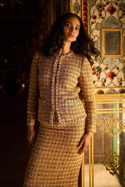 GOLD BOUCLÉ JACKET AND SKIRT - dash and dot