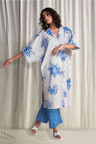 LINEN PORCELAIN MOTIF PRINT LONGLINE SHIRT